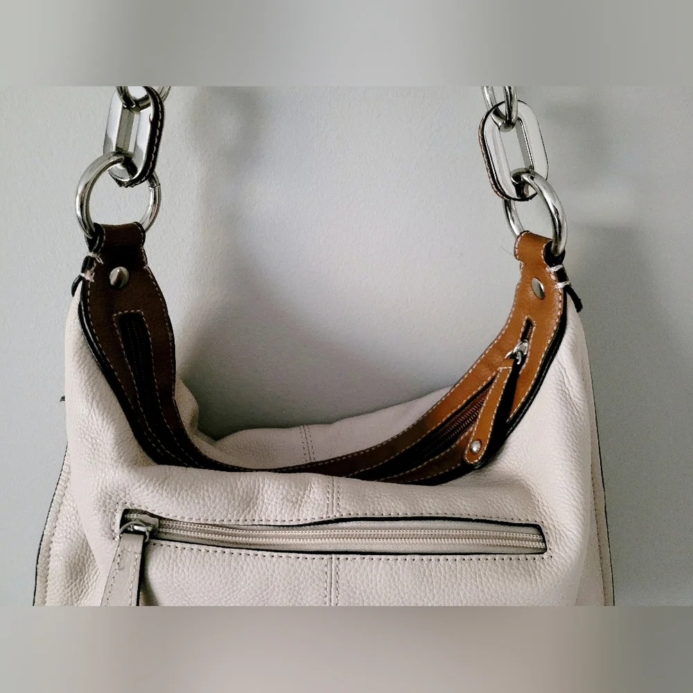 Tignanello Hobo 100% Genuine Leather Shoulder Bag Large Cream/Cognac 14
